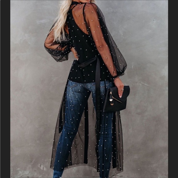 1 Left!  Black Tulle Open Front Duster Kimono w/Silver Beads - Picture 3 of 9